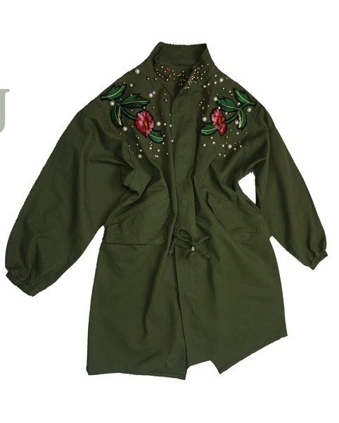 Kurtka parka damska/młodzieżowa khaki naszywki kwiaty