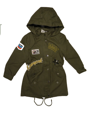 Kurtka parka zielona/khaki dziewczęca z naszywkami (dziecięca / młodzieżowa) 