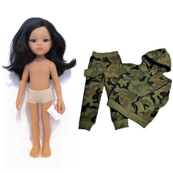 Lalka 32cm czarne gęste włosy w dresie moro WZ-93