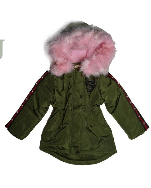 Kurtka zimowa dziewczęca/dziecięca parka z jasno różowym futrem i kapturem- naszywka cekinowy kotek.
