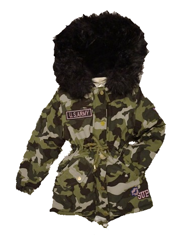 Kurtka zimowa dziewczęca/dziecięca parka moro z czarnym futrem, naszywkami i kapturem