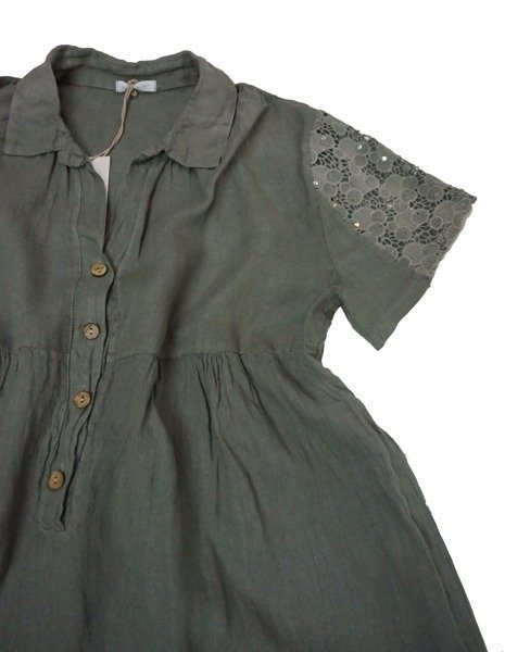Sukienka/tunika lniana damska khaki/oliwkowa ażurowe rękawy