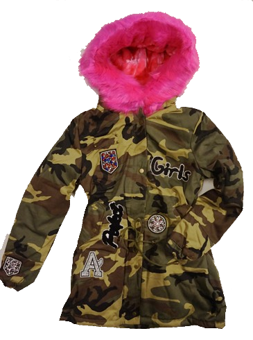 Kurtka parka damska/młodzieżowa zimowa z różowym futrem, naszywki, kaptur