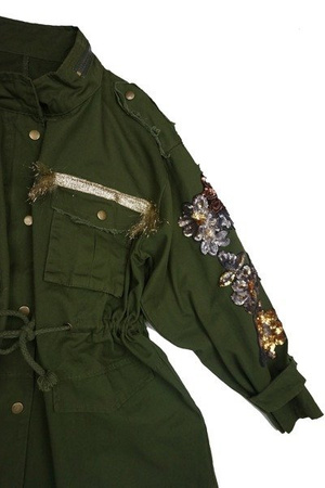 Kurtka parka damska/młodzieżowa khaki naszywki cekinowe