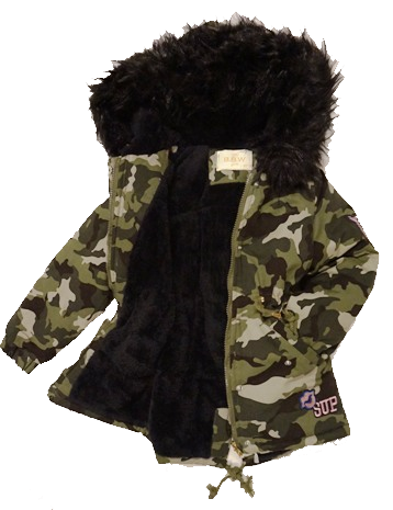 Kurtka zimowa dziewczęca/dziecięca parka moro z czarnym futrem, naszywkami i kapturem