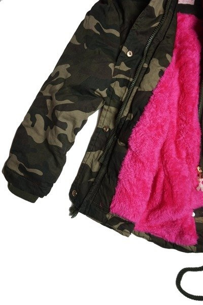 Kurtka zimowa parka moro dla dziewczynki futro kożuszek ciemny róż