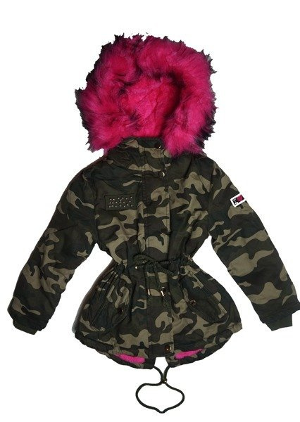 Kurtka zimowa parka moro dla dziewczynki futro kożuszek ciemny róż