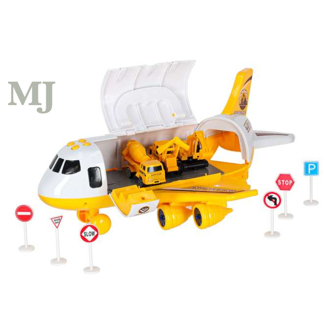Transporter samolot rozkładany z autami + 3 auta pojazdy budowlane światła dźwięk 	KX6684_3 