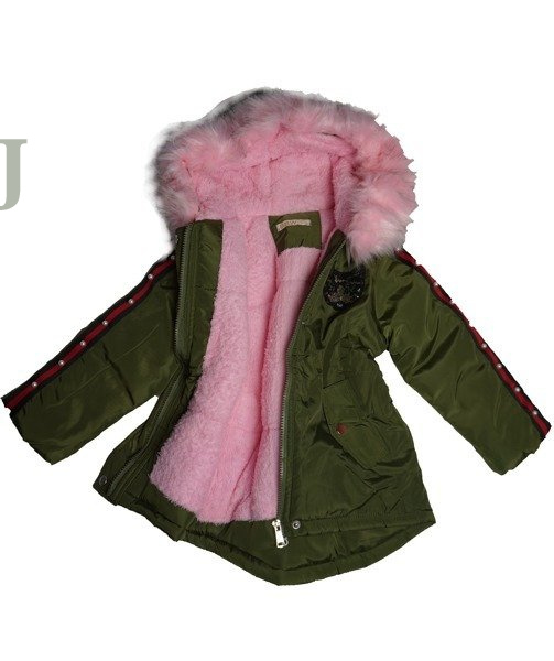 Kurtka zimowa dziewczęca/dziecięca parka z jasno różowym futrem i kapturem- naszywka cekinowy kotek.