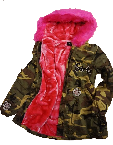 Kurtka parka damska/młodzieżowa zimowa z różowym futrem, naszywki, kaptur