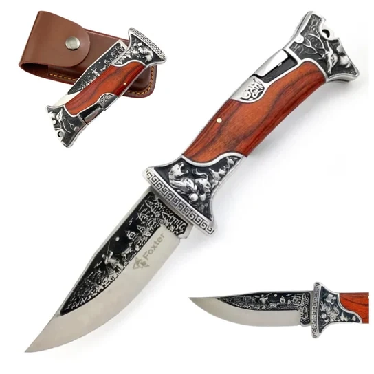 Nóż Myśliwski Turystyczny Składany Grawerowany Pokrowiec 23Cm