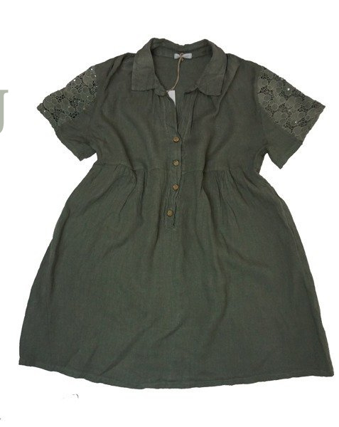 Sukienka/tunika lniana damska khaki/oliwkowa ażurowe rękawy