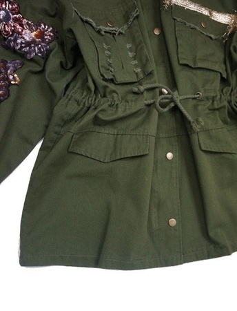 Kurtka parka damska/młodzieżowa khaki naszywki cekinowe