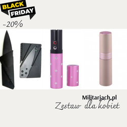 Zestaw dla kobiet – gaz pieprzowy, paralizator i nóż rozkładany składany karta