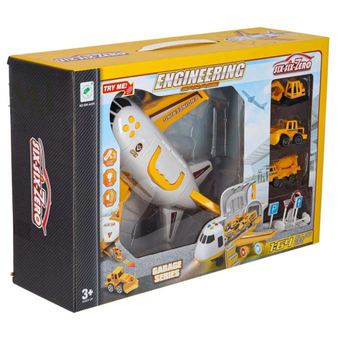 Transporter samolot rozkładany z autami + 3 auta pojazdy budowlane światła dźwięk 	KX6684_3 