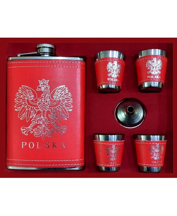 Piersiówka +4 kieliszki oraz lejek Polska Godło czerwona